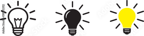 Light bulb with shining rays icon set for idea, innovation, creativity and energy concept design.