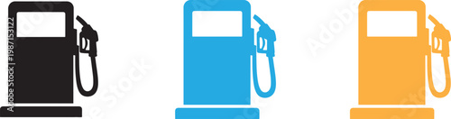 Colorful gas pumps with fuel nozzles vector set for petrol station, energy and transport design.