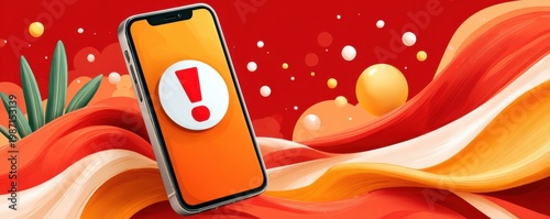 Mobile phone with orange warning notification on vibrant red and orange abstract background