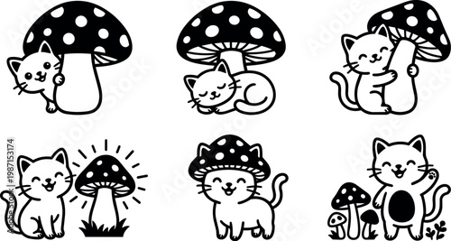 Black and white line art cute cat with spotted mushroom in various poses