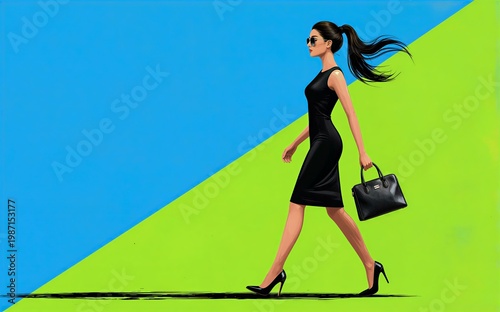 Elegant woman in black dress walks confidently across vibrant blue
