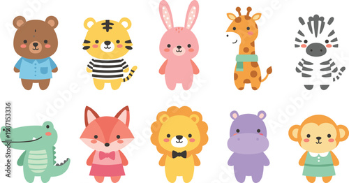 Cute animal character set with bear tiger bunny giraffe zebra crocodile fox lion hippo and monkey flat vector illustration isolated on white