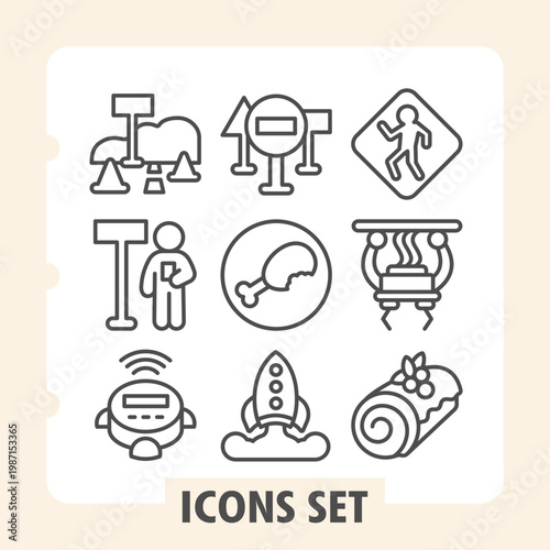Road work, signpost, robot cleaner minimalist icons set representing food, traffic rules, industry and technology items in outline style for apps and print on white background. Set of nine line icons.