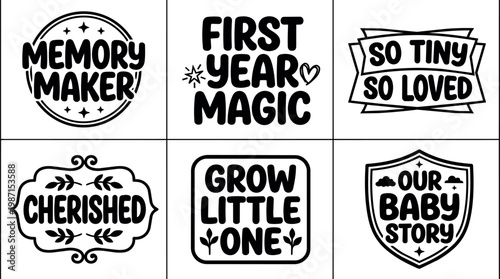 Black and white baby milestone phrase collection with decorative frames vector art
