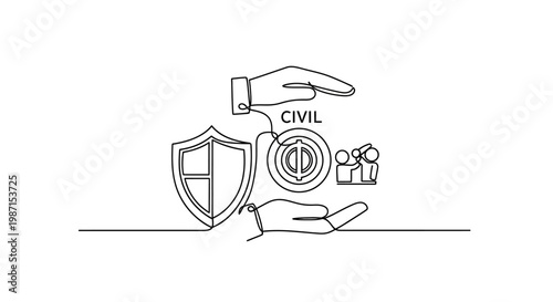 Civil rights and protection illustration with hands shielding security, people, and shield icons, symbolizing safety and justice in a continuous line art style