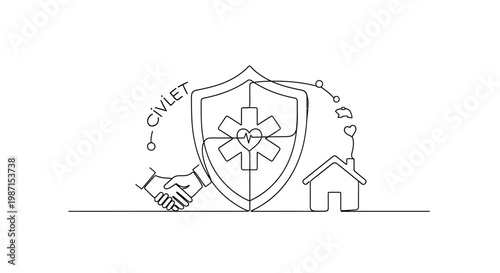 Protecting the community with a handshake and a shield symbolizing healthcare, security, and a home, representing a collaborative approach to well-being and safety