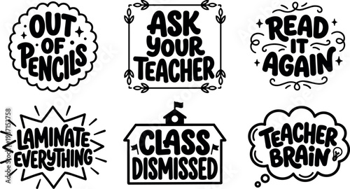 Black and white handwritten phrases with school and teacher motifs vector art