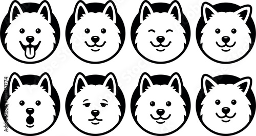 Black and white dog faces with varied expressions vector art set