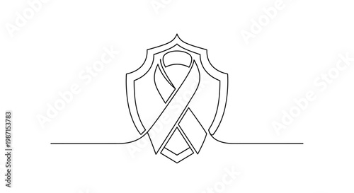 Continuous line art illustration of a stylized shield with a cancer awareness ribbon inside, symbolizing protection and support against disease