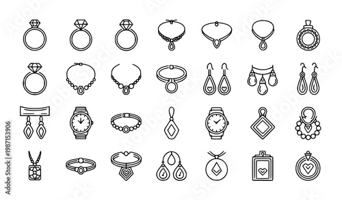 Jewelry linear icon set minimalist accessories rings necklace earrings black and white vector illustration isolated on white