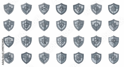 Collection of thirty-two metallic shield emblems with intricate designs.