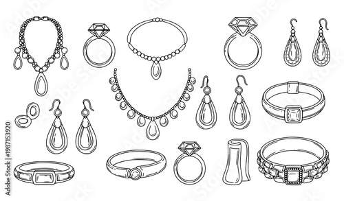 Creative jewelry icon collection minimalist accessories fashion line art black and white vector illustration set isolated on white background