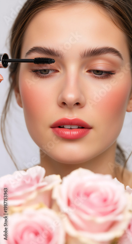 Young woman applying black mascara to eyelashes. Fresh makeup with blurred pink roses in foreground. Spring and summer beauty concept