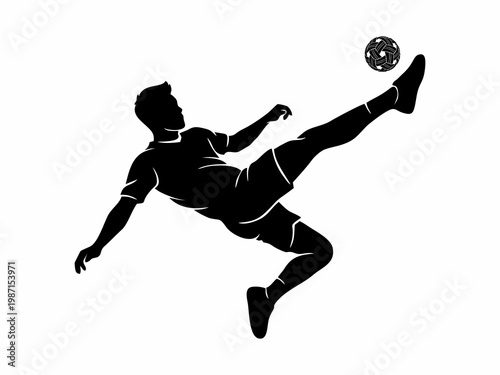 Sepak Takraw Player Performing Acrobat Kick Silhouette Isolated on White Background