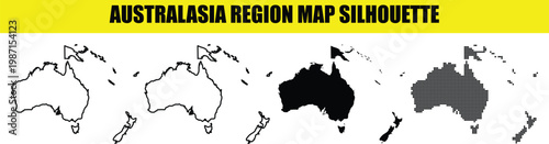 Australasia region map silhouette vector pack including australia new zealand and oceania islands graphic styles.