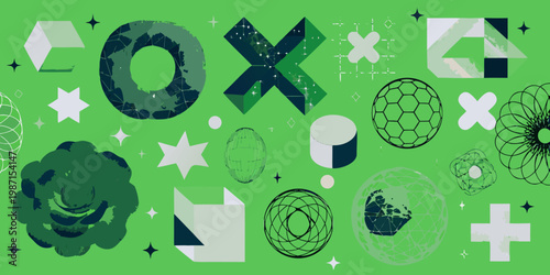 Abstract geometric shapes and forms in varying shades of green