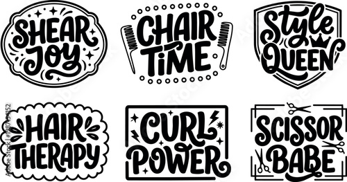 Black and white script lettering hair salon phrases with combs and scissors
