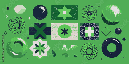 Abstract geometric shapes and floral elements in shades of green