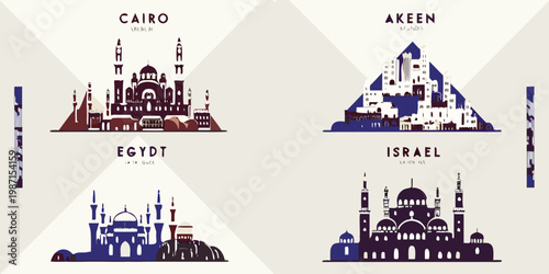 Illustrative depiction of iconic landmarks from Egypt and Israel