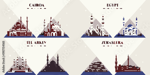 Illustrative cityscape collage featuring iconic middle eastern architecture