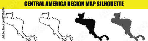 Central america region map silhouette collection including filled outline and dotted styles on transparent background.