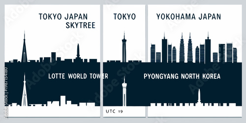 Minimalist skyline art featuring cities of east asia and their landmarks
