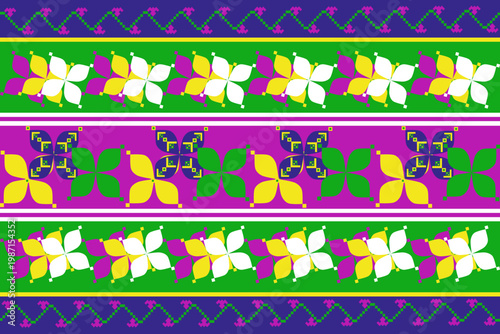 Colorful geometric floral pattern with green, purple, yellow, and white tones. Vibrant ethnic-inspired design perfect for textiles, crafts, wallpapers, and digital art backgrounds.