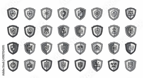 Collection of shield emblems and crests in a grid pattern.