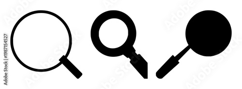 Magnifying glass set with a solid black icon and white background featuring a search symbol, zoom feature, focus tool with examination and investigation