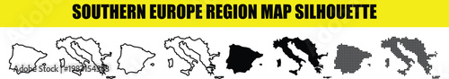 Southern europe region map silhouette set featuring spain italy and balkan peninsula in various technical styles.