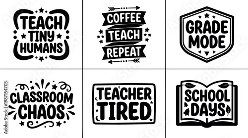 Black and white handwritten teacher phrase collection with stars and swirls