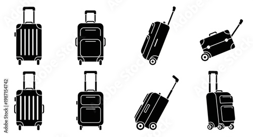 Collection of Black Suitcase Icons on White Background.