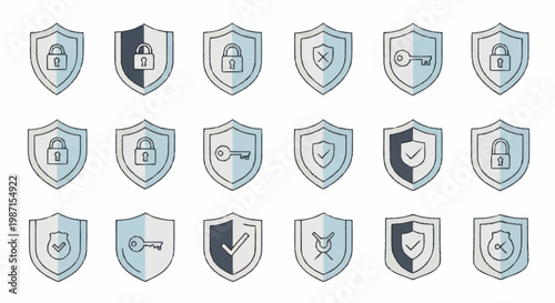 Collection of Security Shield Icons with Locks and Keys.