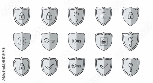 Collection of Security and Protection Icons on White Background.
