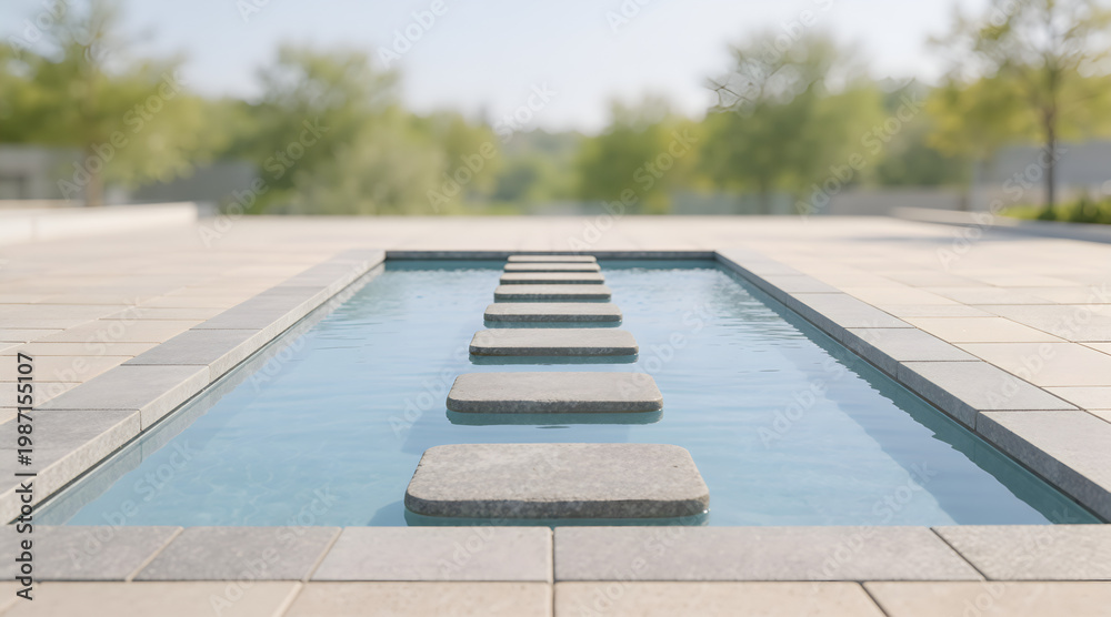 Obraz premium Tranquil water feature with stepping stones in modern garden setting 