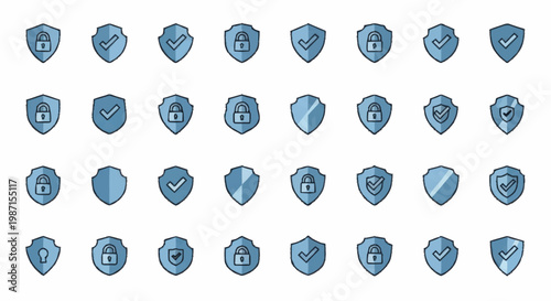 Collection of blue security shield icons with lock and checkmark symbols.