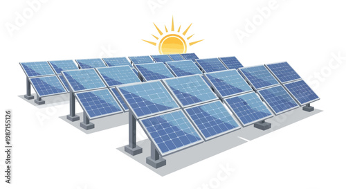 Illustration depicting solar panels generating power from the sun, green energy concept