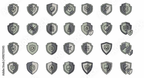 Collection of Metallic Shield Icons Representing Security and Protection.