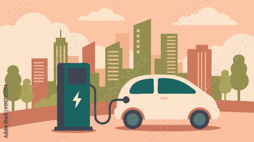 Minimalist illustration of an electric car charging station in a modern city