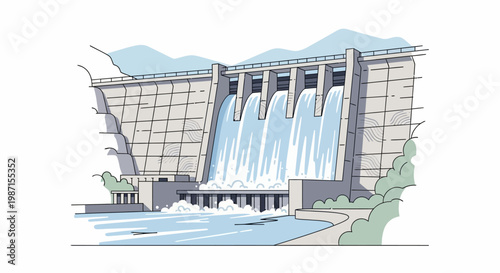 Illustration of a concrete dam with cascading water, showcasing hydroelectric energy resources