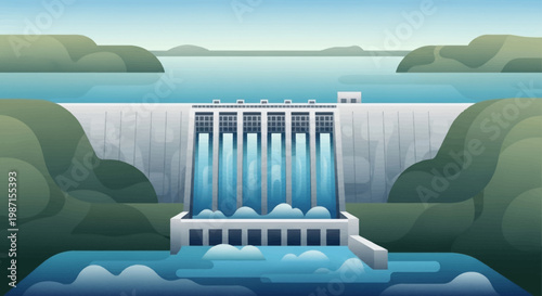 Illustration of a Hydroelectric Dam and Landscape Generating Renewable Energy and Power