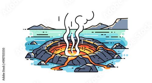Illustration of a Volcanic Eruption in a Sea Environment with Bold Outlines and Modern Style