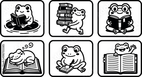 Black and white line art frogs reading writing and holding books icons