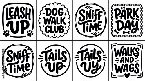 Handwritten dog walking phrases with paw and bone ornaments in black and white vector art