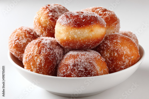 A bowl of sugary doughnuts piled high.