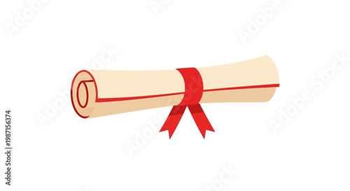 Animated diploma scroll tied with red ribbon, illustration of graduation and achievements