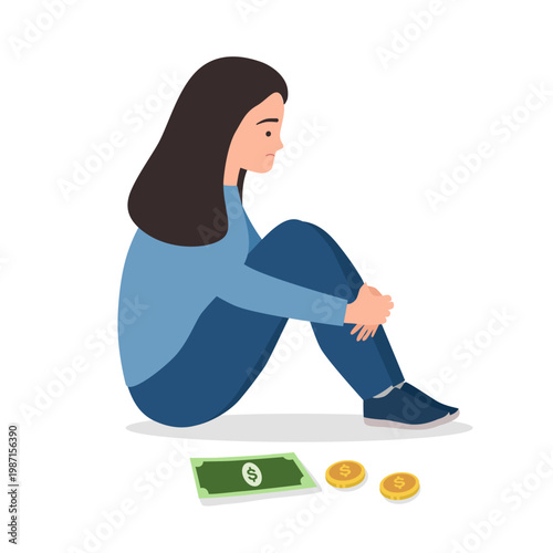 Poor or poverty concept. Financial problem. Trouble to pay loan, bankruptcy or unemployment concept. Broke woman sitting with wallet