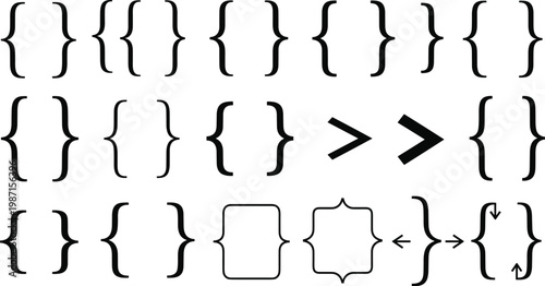 Curly braces symbols collection with arrows, greater signs, decorative ornate styles, typographic punctuation comparison design layout abstract flat vector illustration