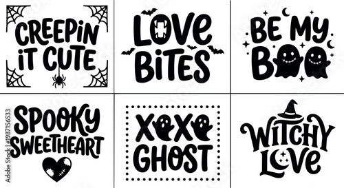 Black and white halloween phrase collection with ghosts bats and spider web vector art