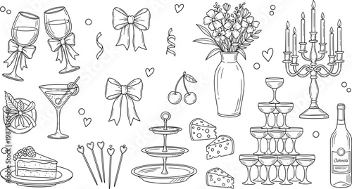 Celebration party wine glasses cake candles flowers champagne pyramid cheese cherries bows ribbons hearts festive decoration flat vector illustration